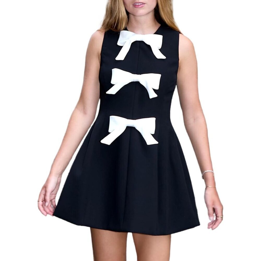 Women's Sleeveless Bow Front Mini Dress Black A-line Party Casual